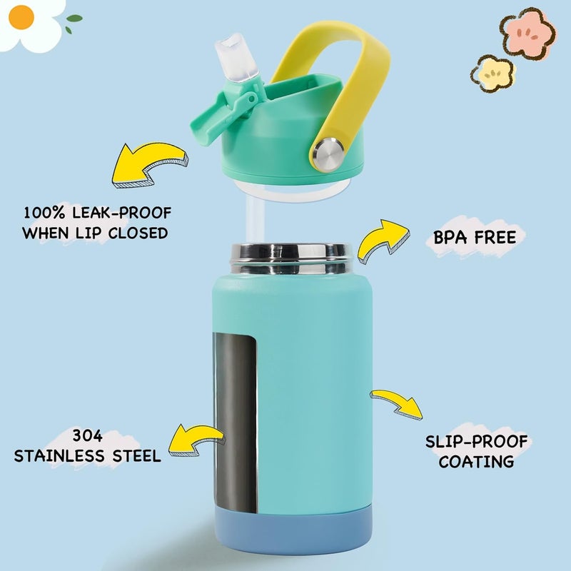 Kerilyn 12oz Kids Water Bottle, Stainless Steel Insulated Water Bottle For Kids, Toddler Cup With Straws Leak-proof, Kids Water Bottles For School Boys Girls, BPA Free, Twilight Green - Image 2